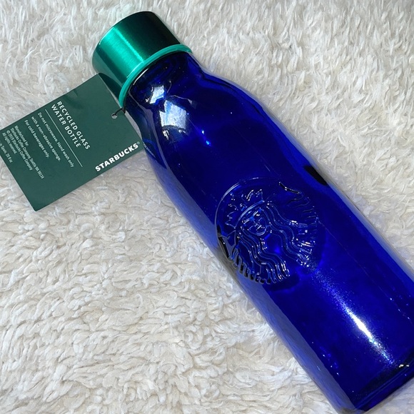 NEW STARBUCKS BLUE RECYCLED GLASS SIREN EMBOSSED WATER BOTTLE 20 FL OZ